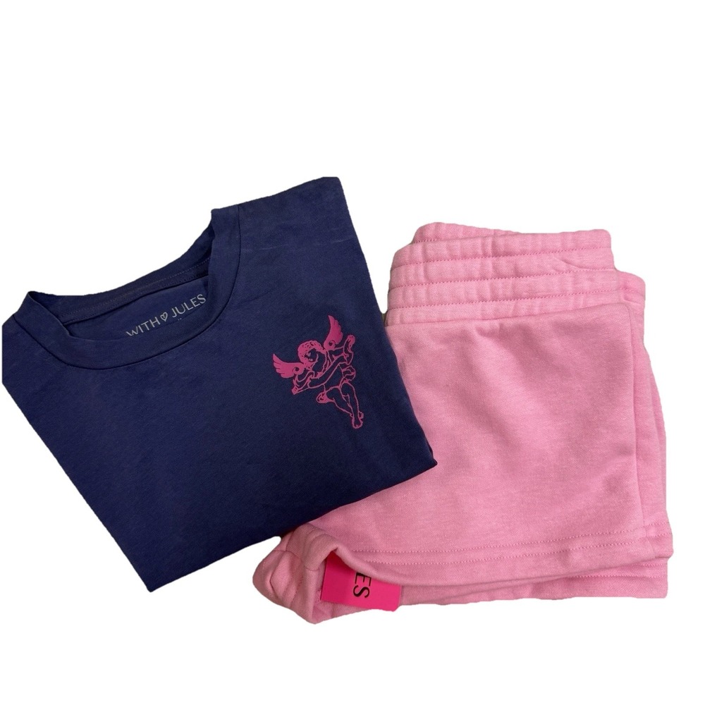 With Jules Tween 2Pc Lounge Set Size Medium Pink Shorts Purple Crop Tee Cherub
